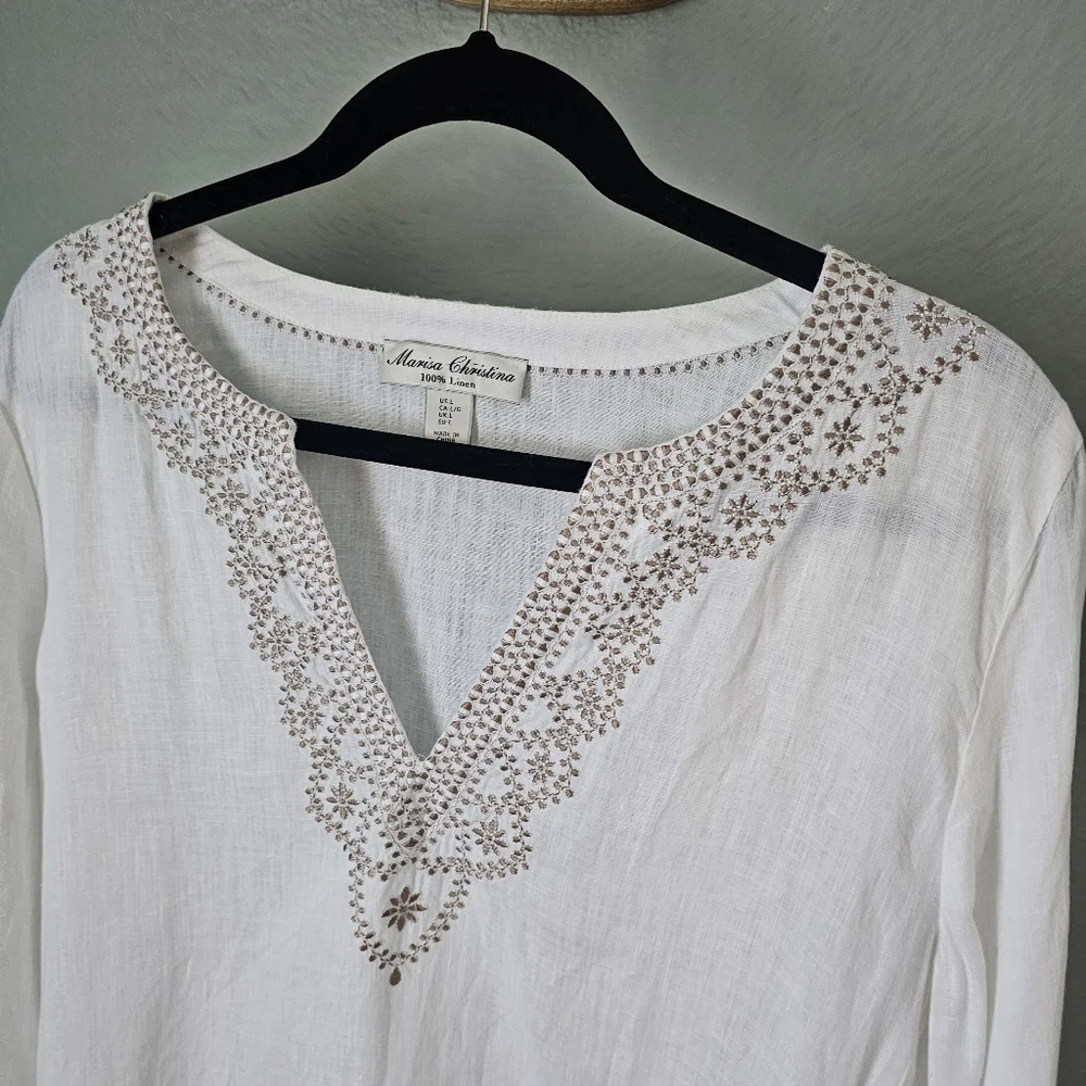 Marisa Christina White Linen Tunic Top Embroidered Size L - Picture 2 of 7